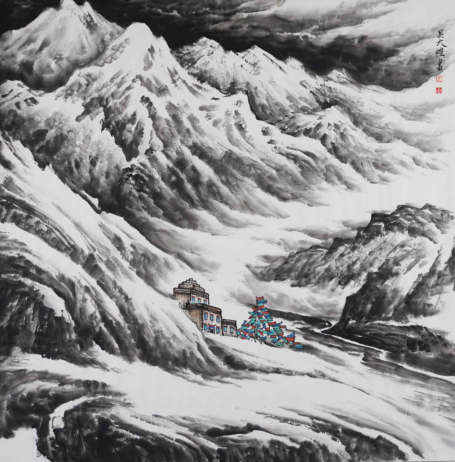吴大恺  高原雪景山水画