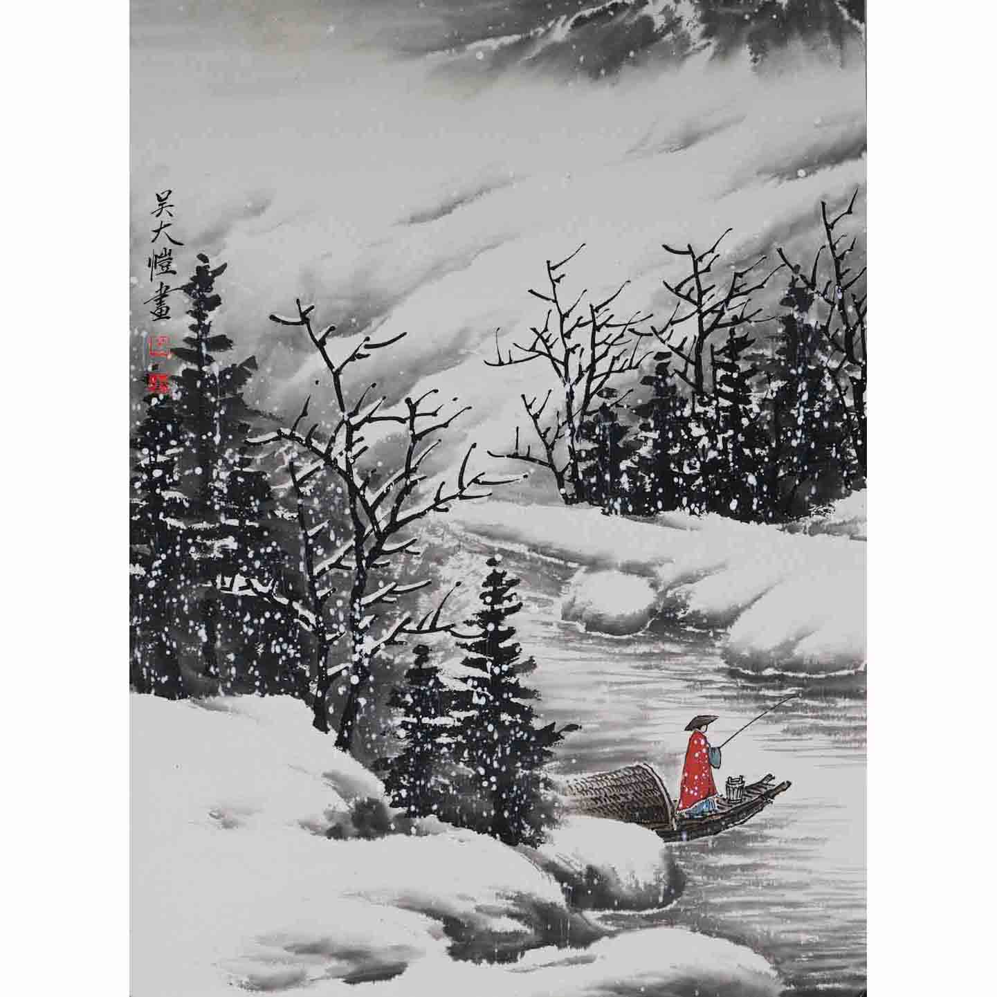 吴大恺  诗意雪景山水画  纸本水墨 