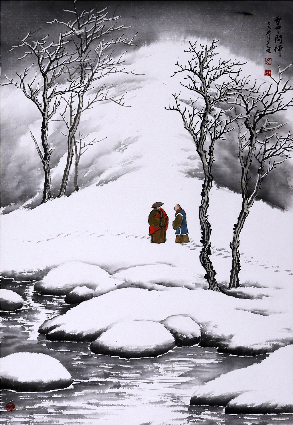 吴大恺《雪中问禅》.45X65CM 2020年 国画